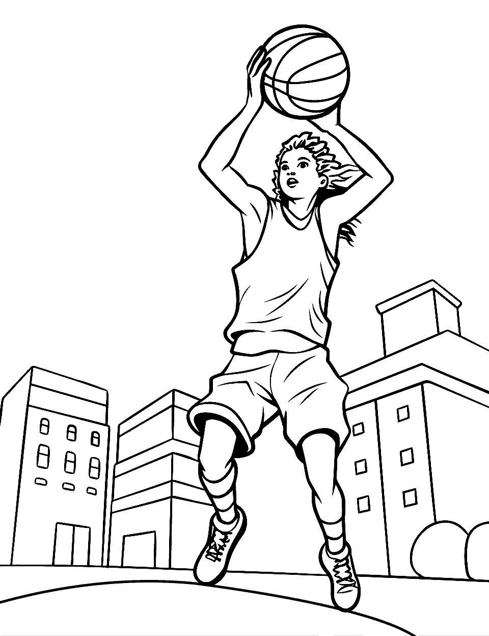 Cool Street Basketball Coloring Page - A teenager playing on an urban basketball court.