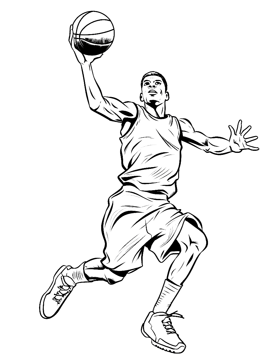 Player in Action Basketball Coloring Page - A player about to jump for a dunk to score that perfect last finish.