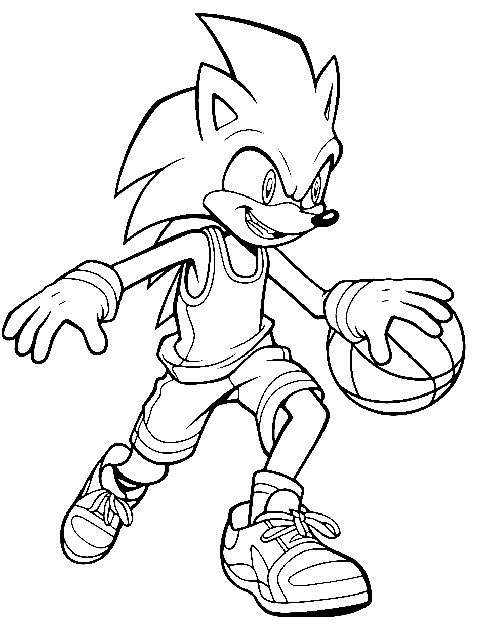 Sonic's Fast Break Basketball Coloring Page - Sonic the Hedgehog making a fast break down the court with a basketball.