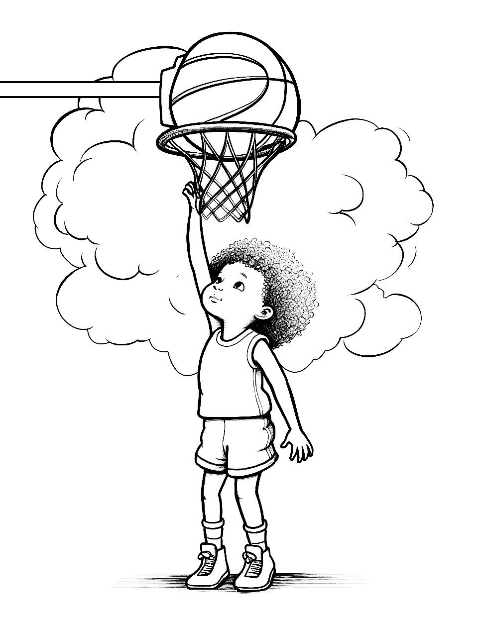 Tiny Player's Big Dream Basketball Coloring Page - A small child dreaming of playing in the NBA, shooting a basket on a lowered hoop.