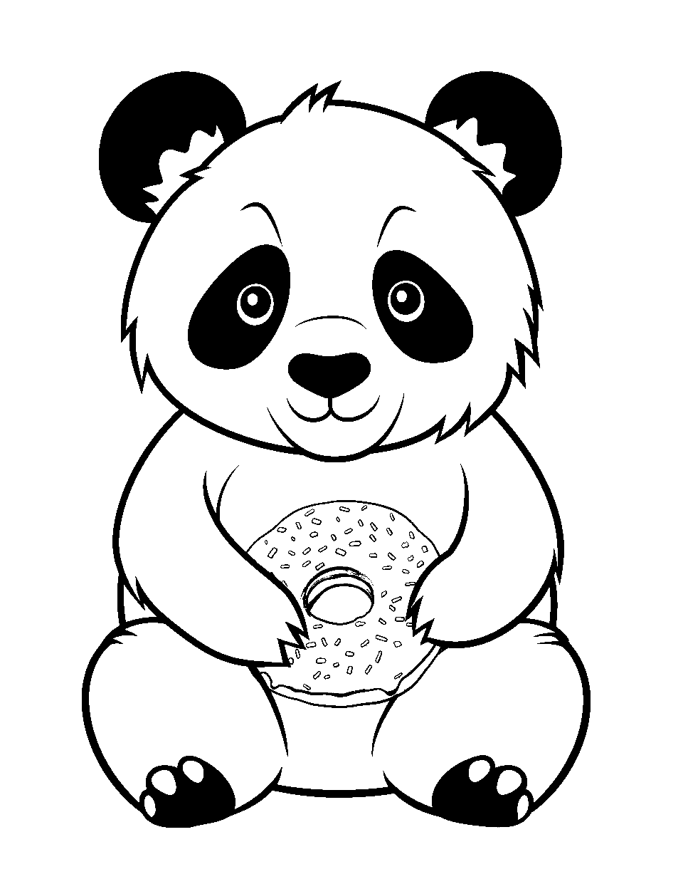 Panda Eating a Doughnut Donut Coloring Page - A cute panda holding and eating a delicious doughnut.