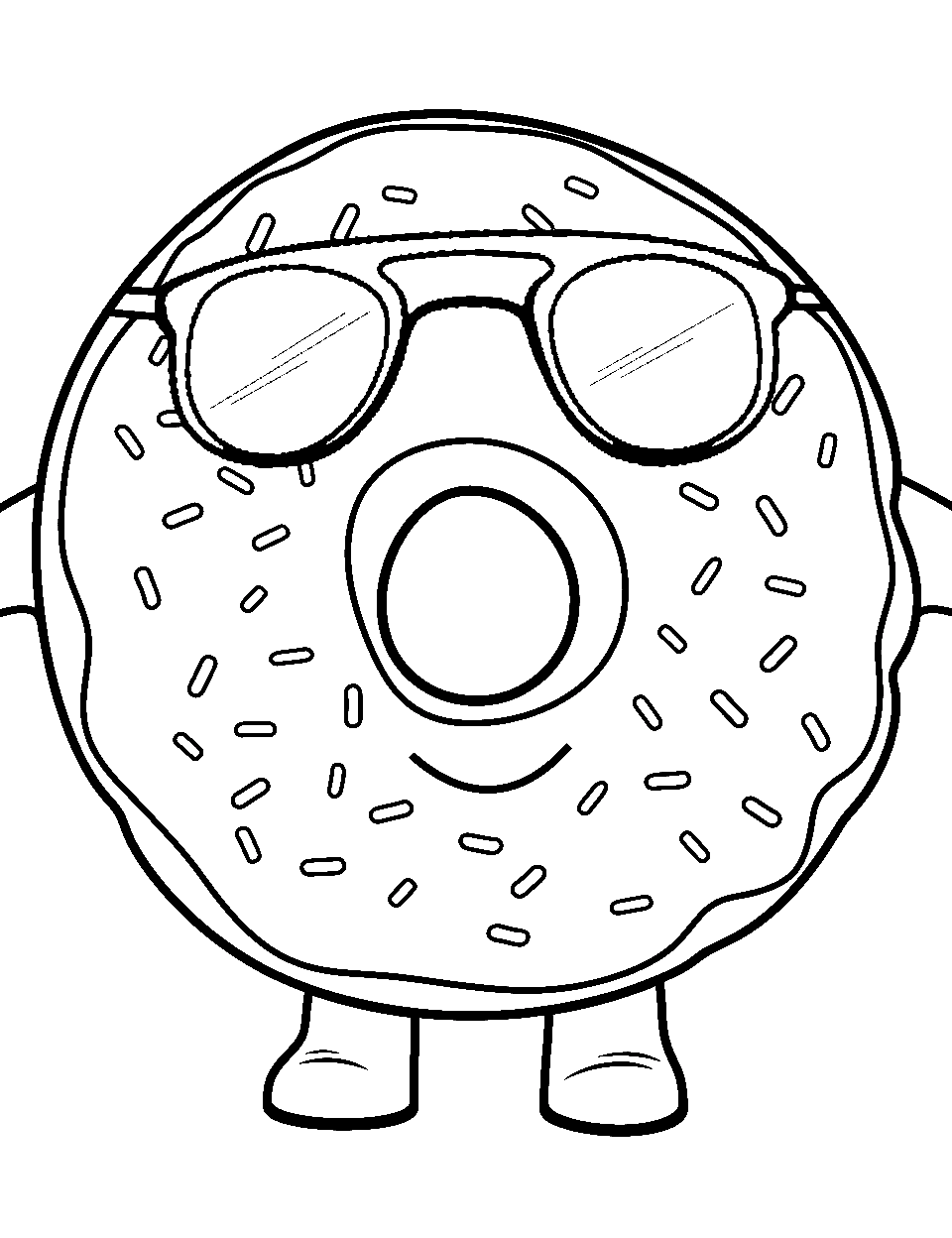 Cool Doughnut with Glasses Donut Coloring Page - A doughnut character wearing Glasses, looking cool.