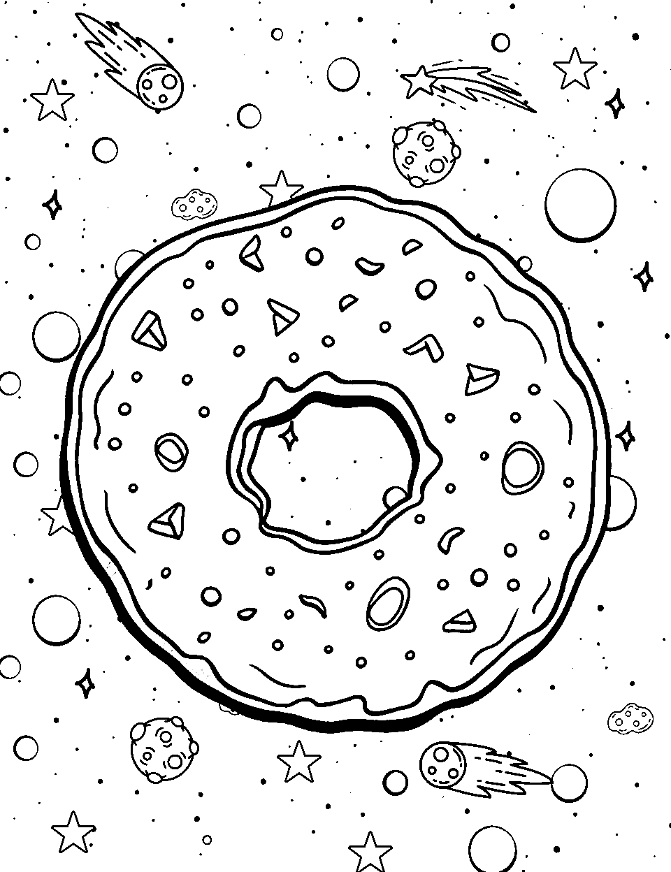 Space-Themed Donut Galaxy Coloring Page - A big Donut floating in outer space in the middle of galaxies and stars around it.
