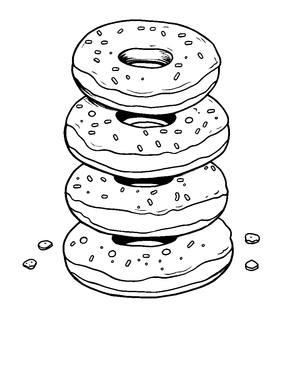 Donut Tower Challenge Coloring Page - A tall tower made of delicious donuts.
