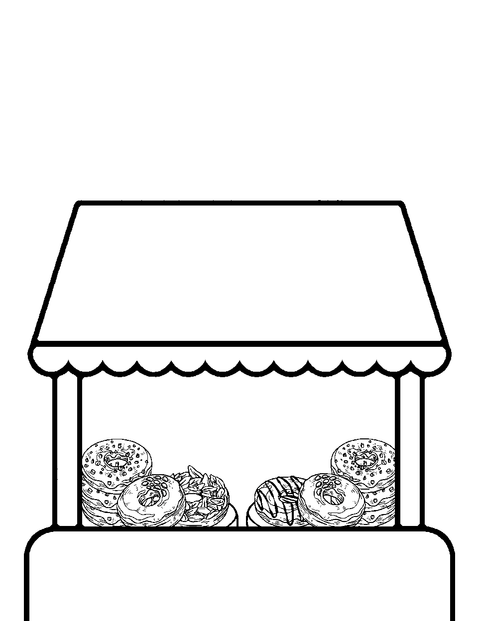 Donut Festival Coloring Page - A miniature donut stall with various types of donuts.