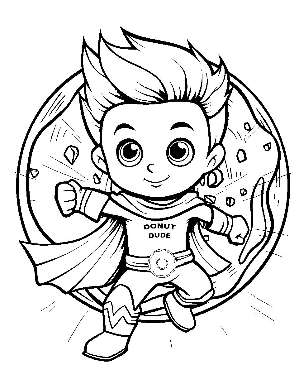 Superhero Donut Power Coloring Page - A superhero with a donut as a power-up.