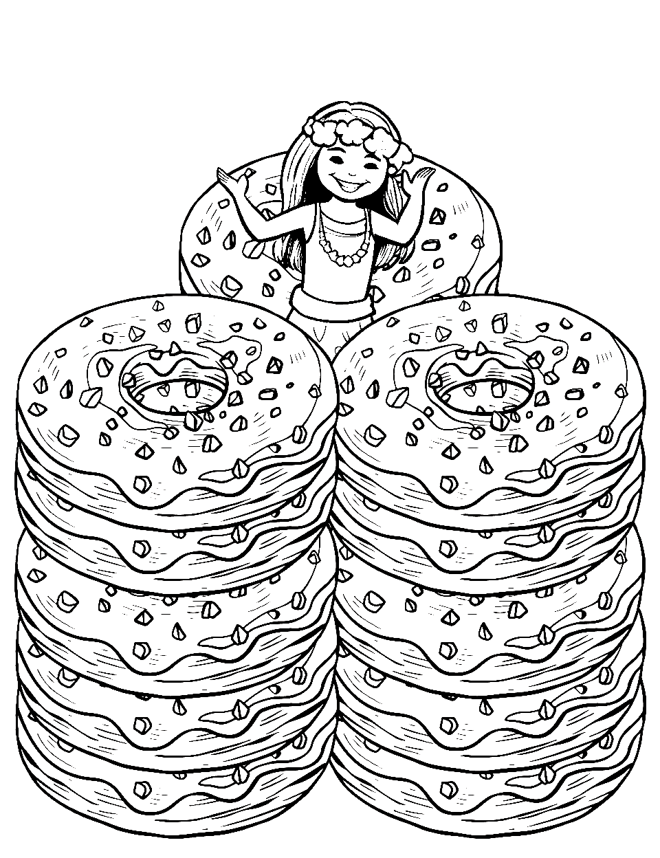 Girl and the Donut Tower Coloring Page - A girl on top of a tall tower made of donuts.