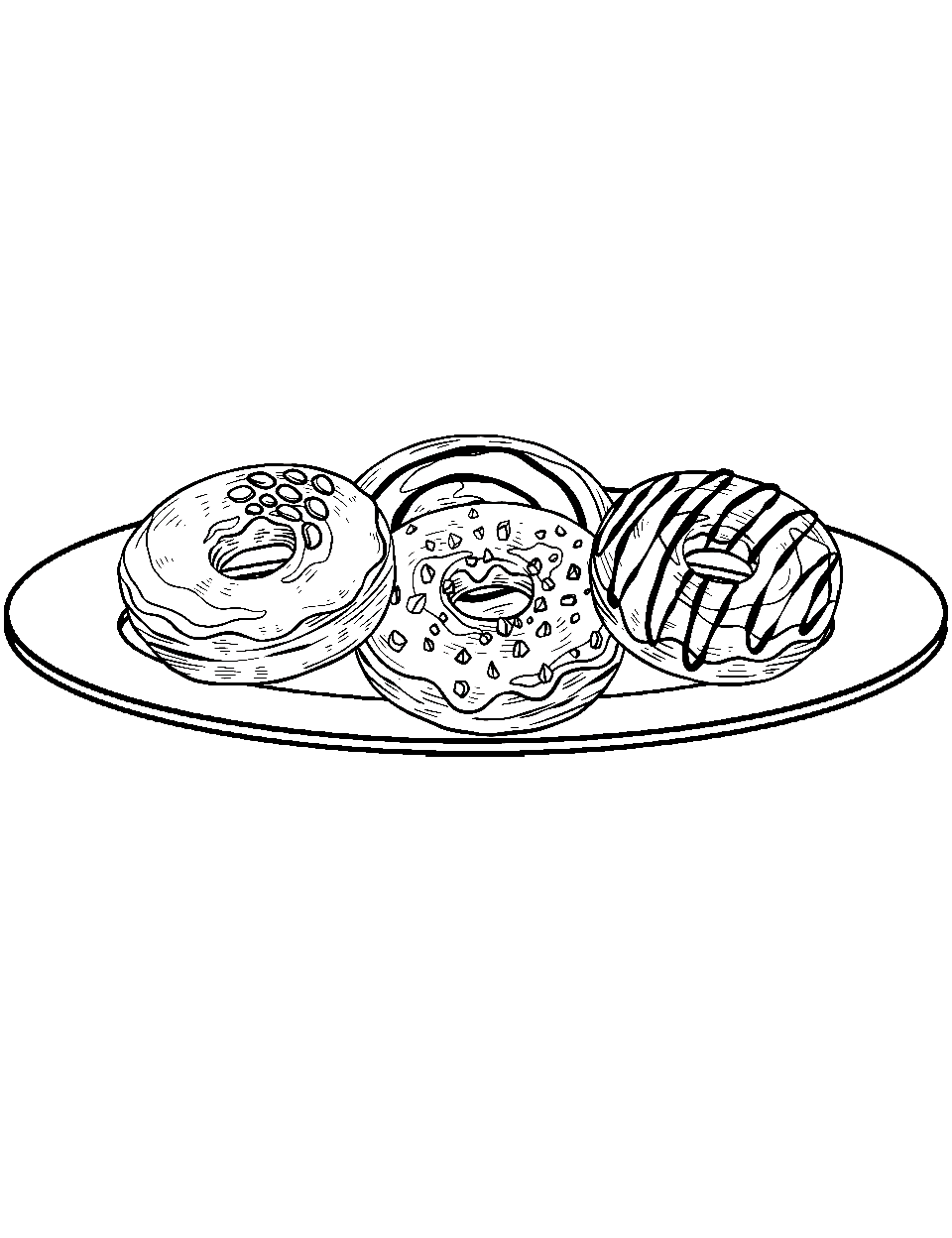 Donuts on a Plate Donut Coloring Page - Several types of frosted and glazed donuts, some with chocolate drizzle, neatly arranged on a plate.