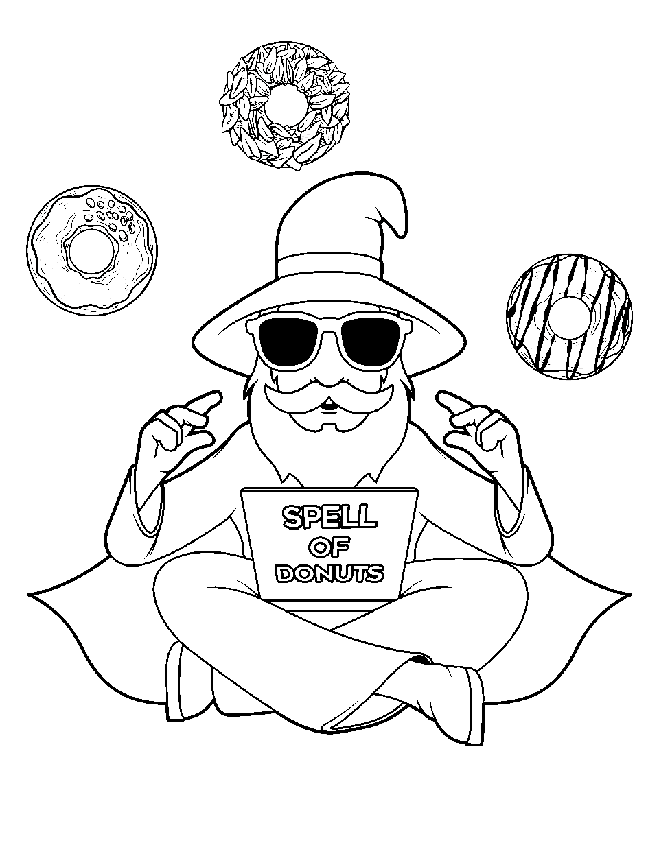 Donut Wizard Coloring Page - A wizard summoning a bunch of donuts with his spell.