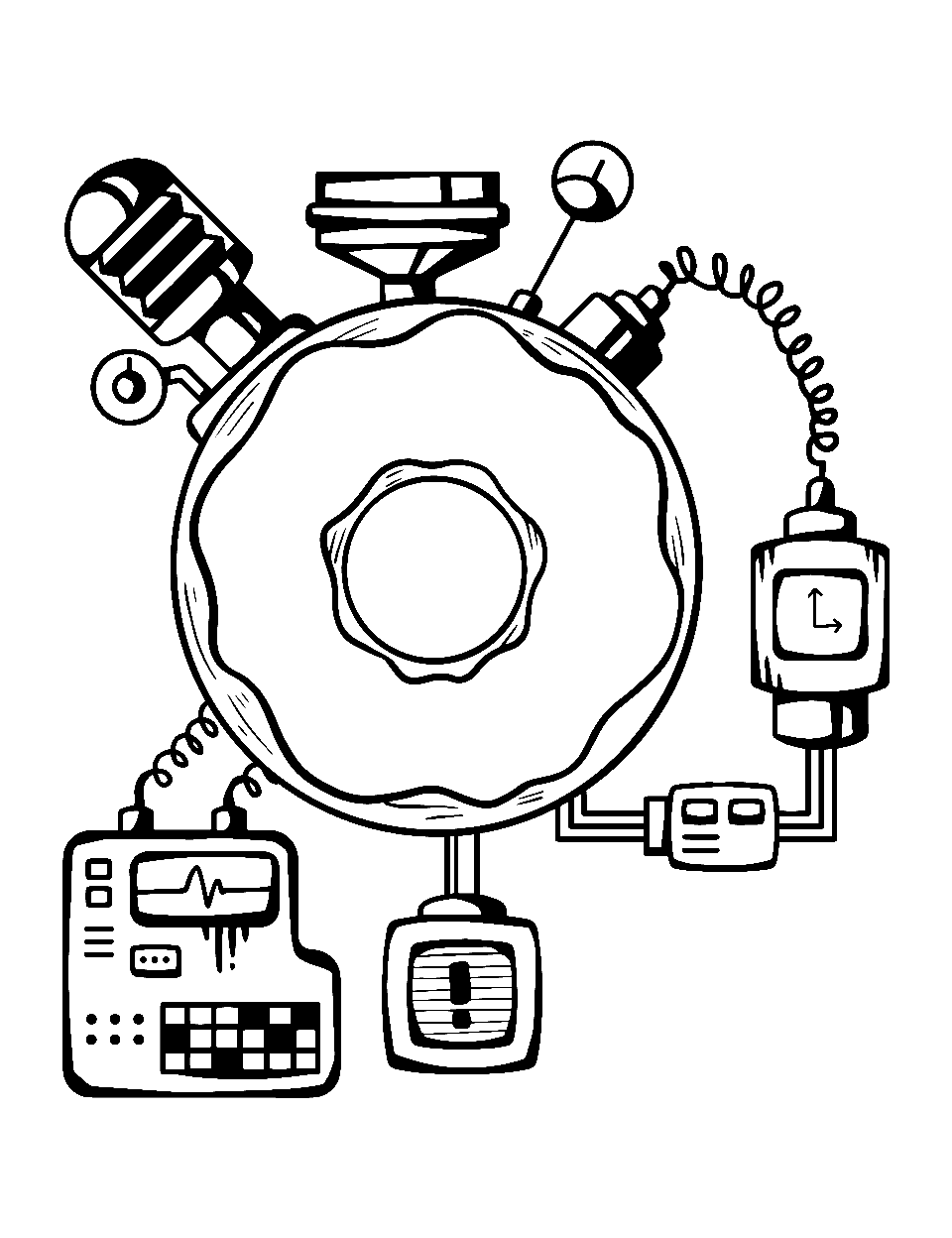 Donut Time Machine Coloring Page - An intricate time machine that runs on donuts.