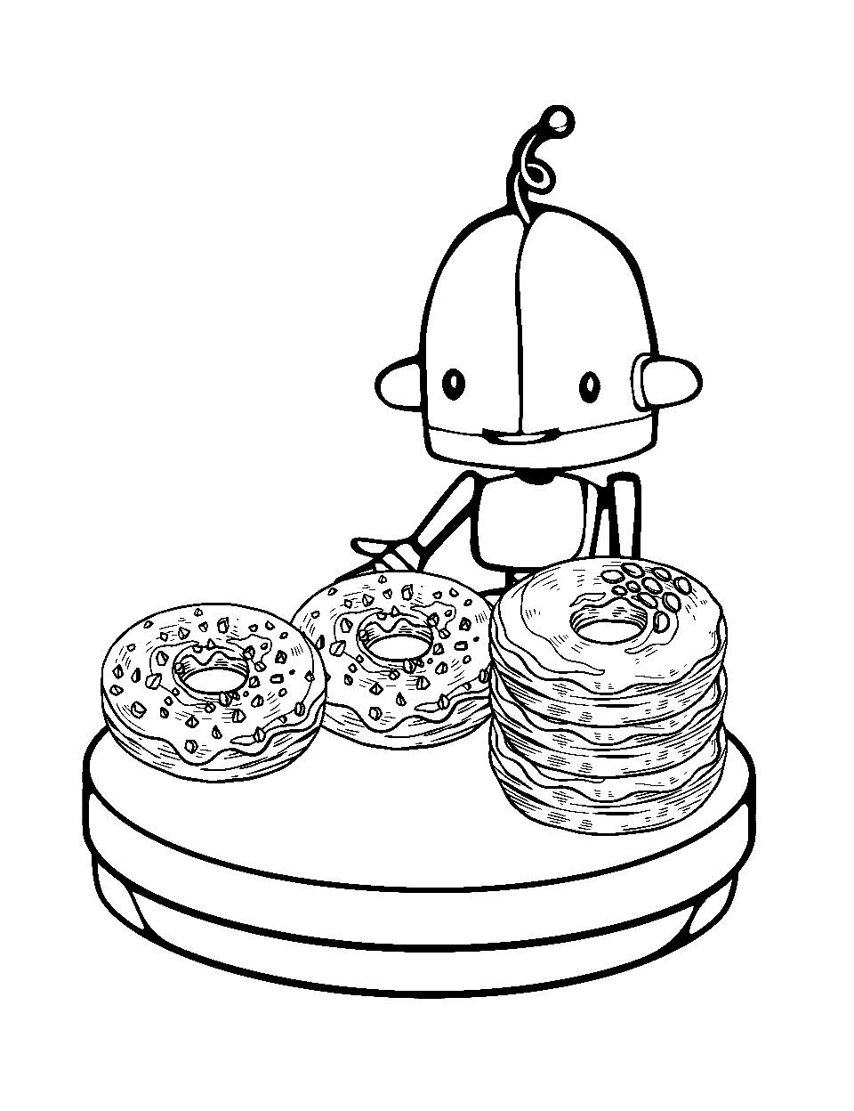 Robot Making Donuts Donut Coloring Page - A futuristic robot assembling donuts.