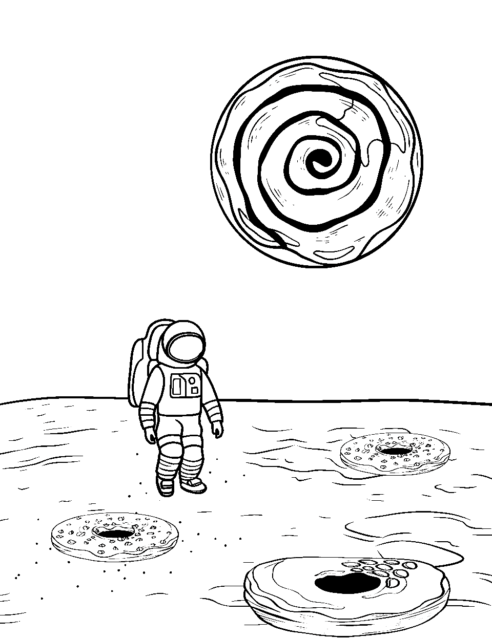 Lunar Landing with Donut Craters Coloring Page - Astronauts landing on a moon with donut-shaped craters.