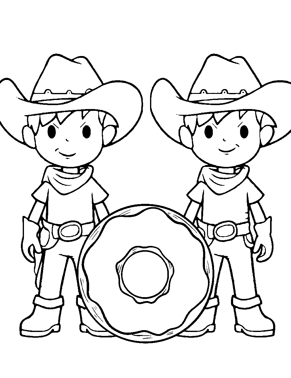 Wild West Donut Duel Coloring Page - Cowboys in the Wild West, ready to have a duel for a big donut.