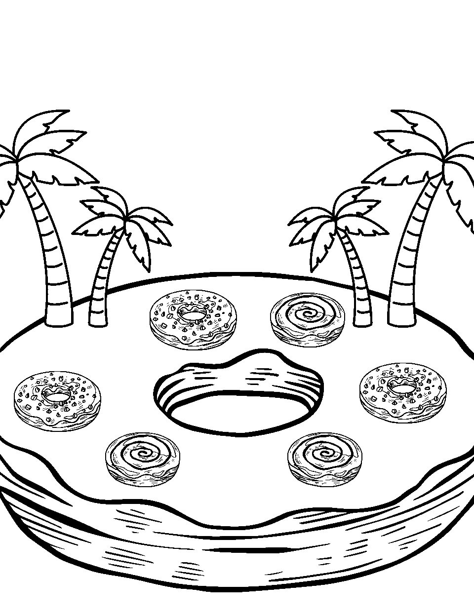 Mystery Donut Island Coloring Page - An island paradise with palm trees and donuts.