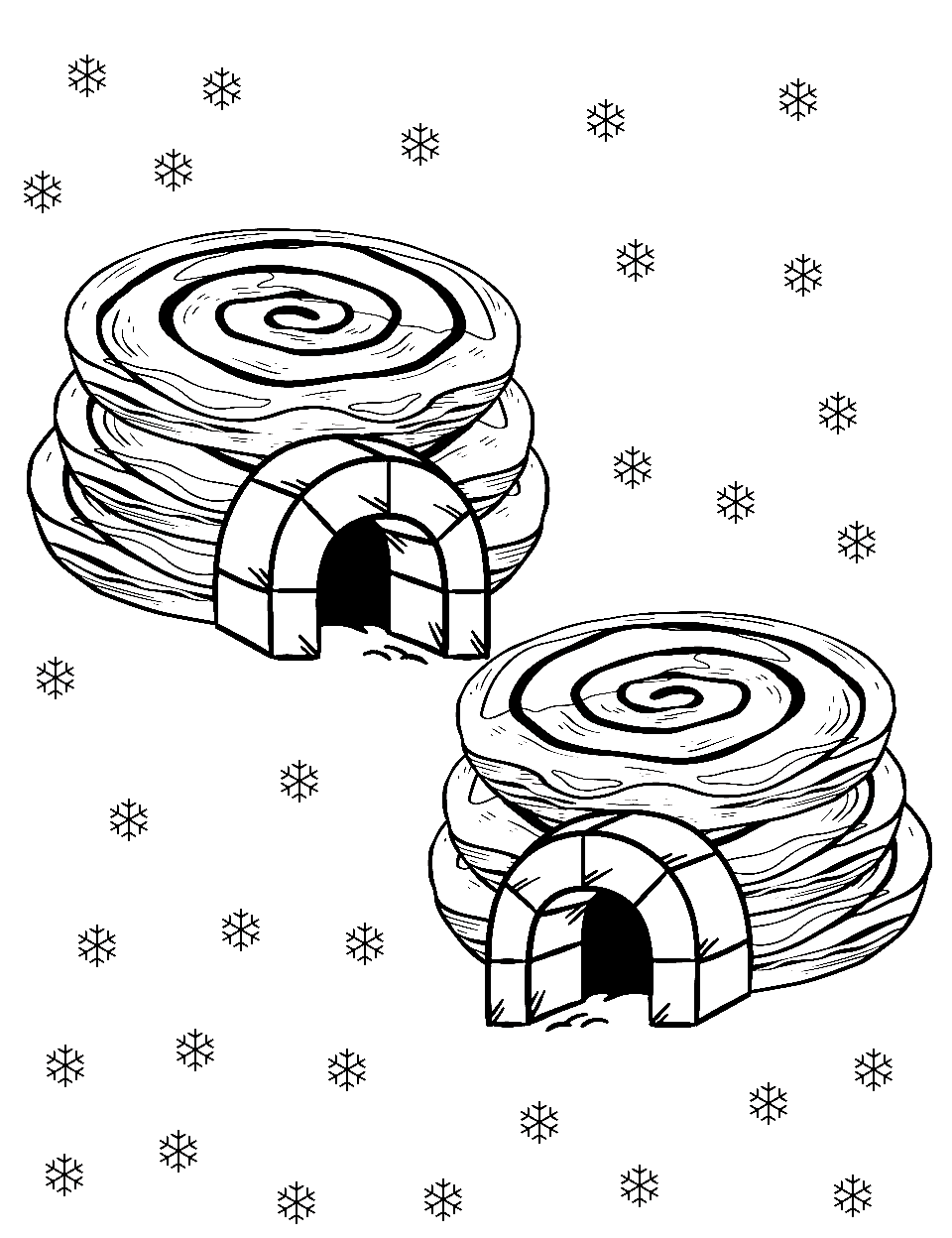 Arctic Expedition Donut Coloring Page - A depiction of the snow-covered Arctic with igloos shaped like donuts.