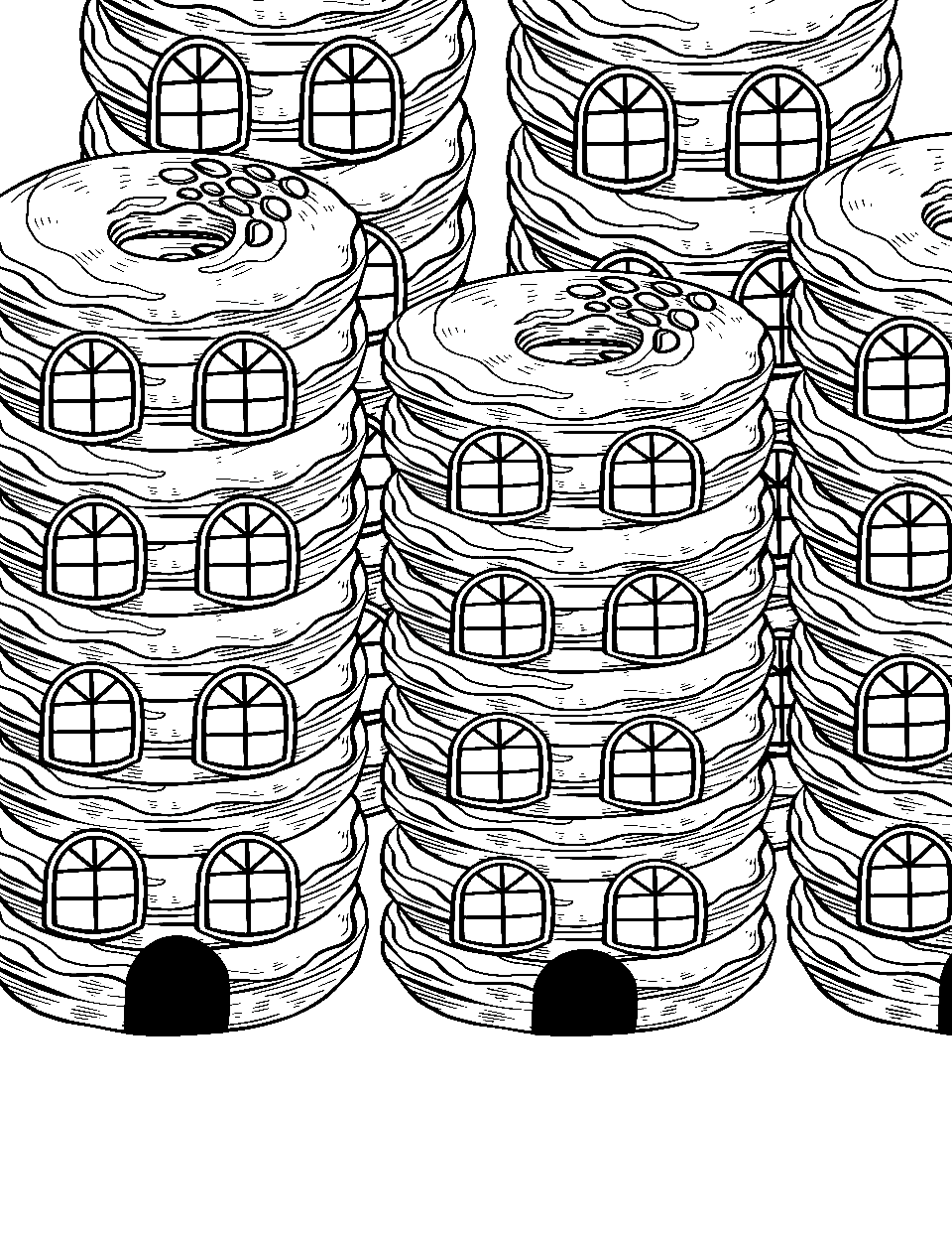 Donut City Coloring Page - A city consisting of tall skyscrapers made out of donuts.