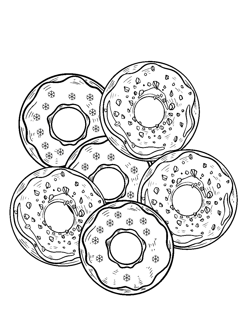 Winter Wonderland Donuts Donut Coloring Page - Sugar-coated donuts with winter-themed icing and sprinkles, like snowflakes and icicles.
