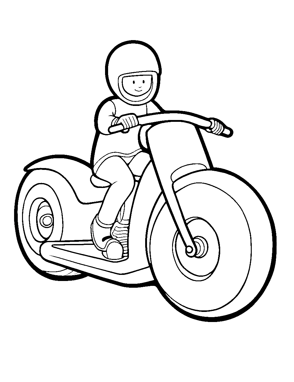 Motorcycle with Donut Wheels Coloring Page - A motorcyclist racing his bike with large donut wheels.