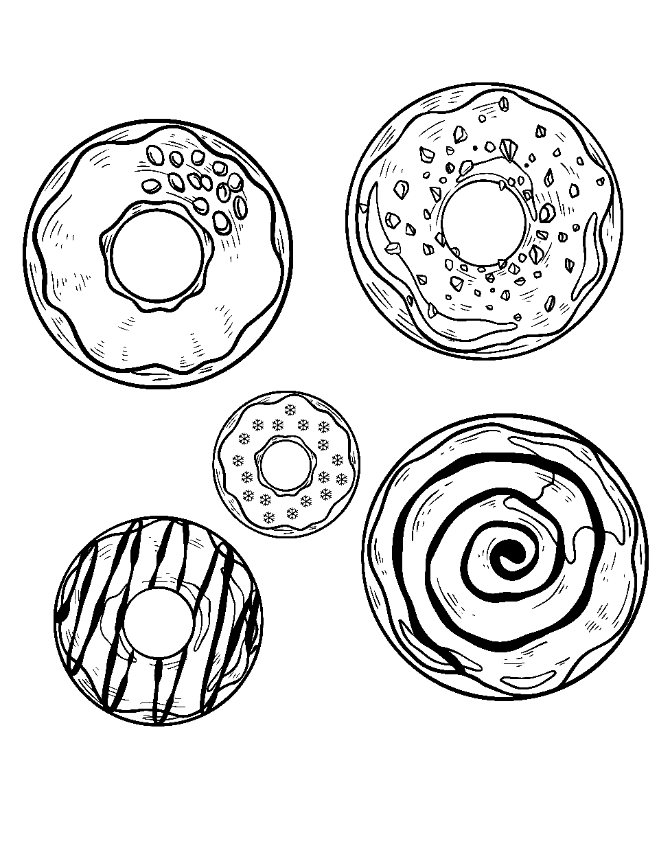 Doodle Donut Adventure Coloring Page - A page filled with various donut doodles, each with unique patterns.