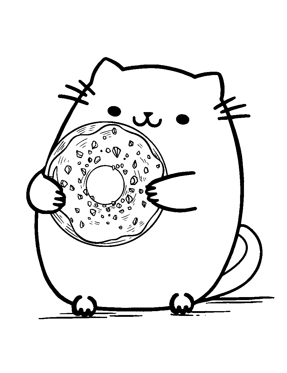 Pusheen Eating a Donut Coloring Page - Pusheen the cat with a large, delicious donut.