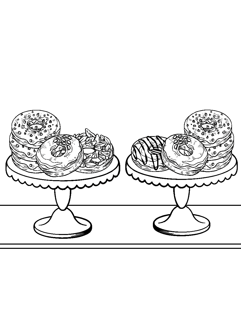 Fancy Donut Shop Display Coloring Page - A display of a donut shop filled with fancy donuts.