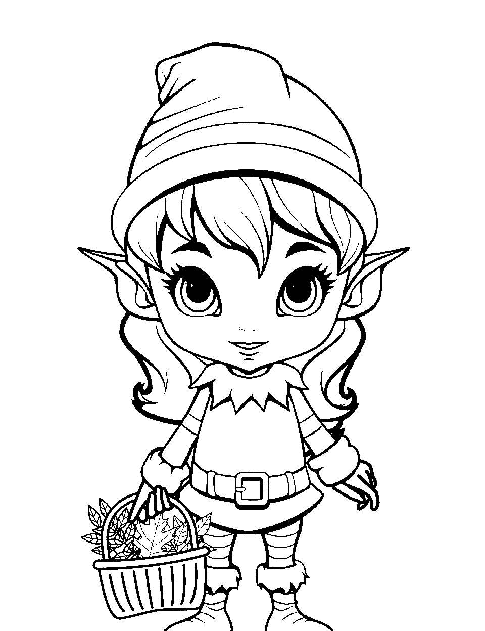 Forest Elf Gathering Herbs Coloring Page - An elf girl with a basket gathering herbs in the forest.