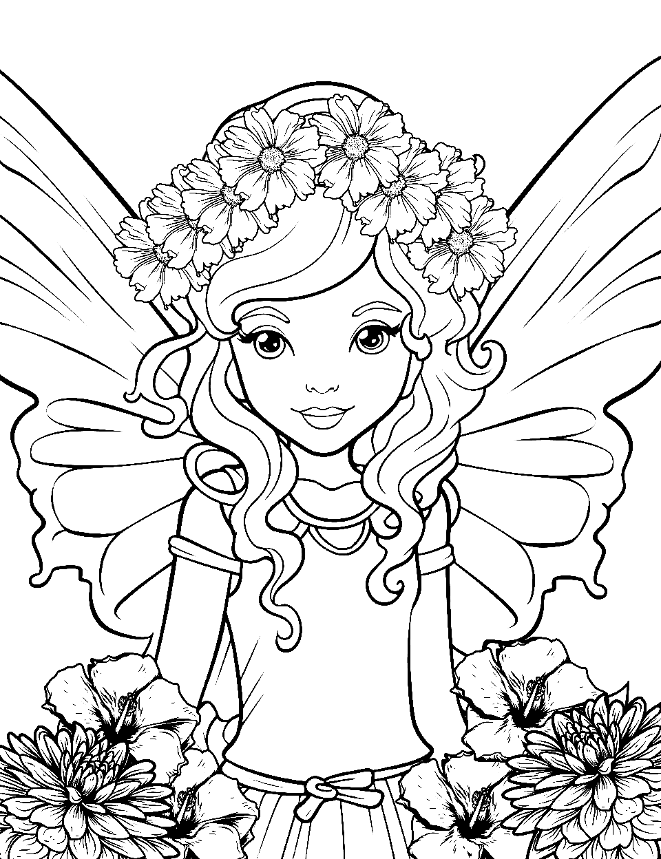 Fairy Elf with Butterfly Wings Coloring Page - A fairy elf with delicate butterfly wings in a flower garden.