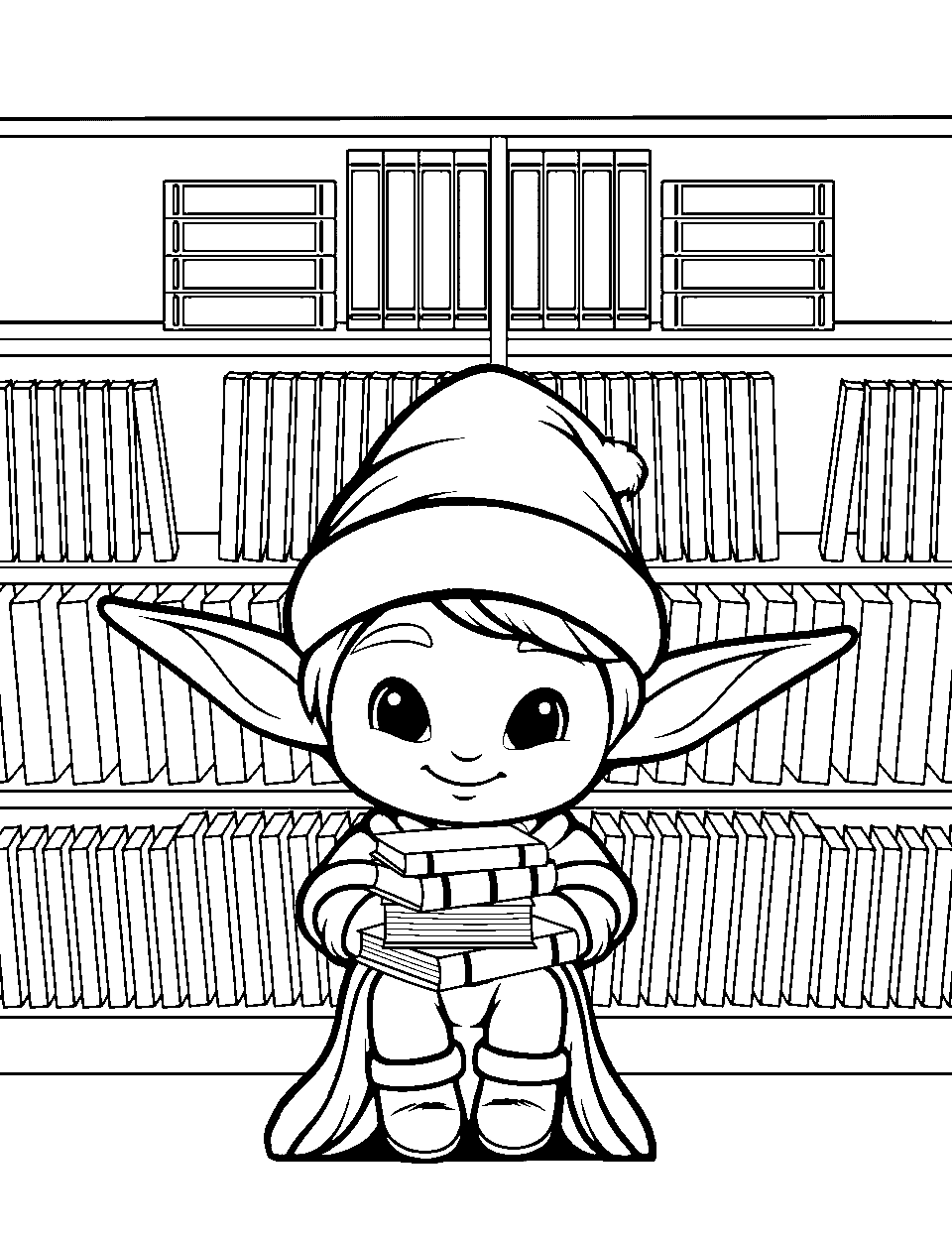 Elf Girl Reading in a Library Coloring Page - A cute elf girl with books in a cozy library setting.