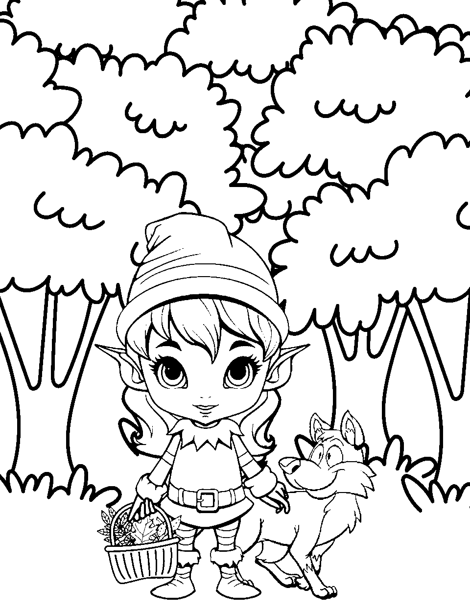 Elf with a Pet Fox Coloring Page - An elf walking through the forest with a friendly fox.