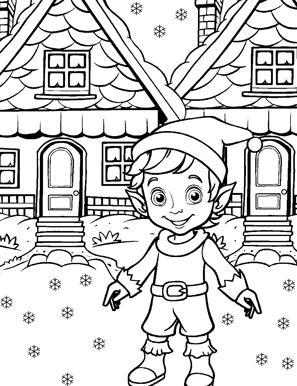 Winter Elf in a Snowy Neighbourhood Coloring Page - An elf in winter clothing, strolling through snow-covered households.