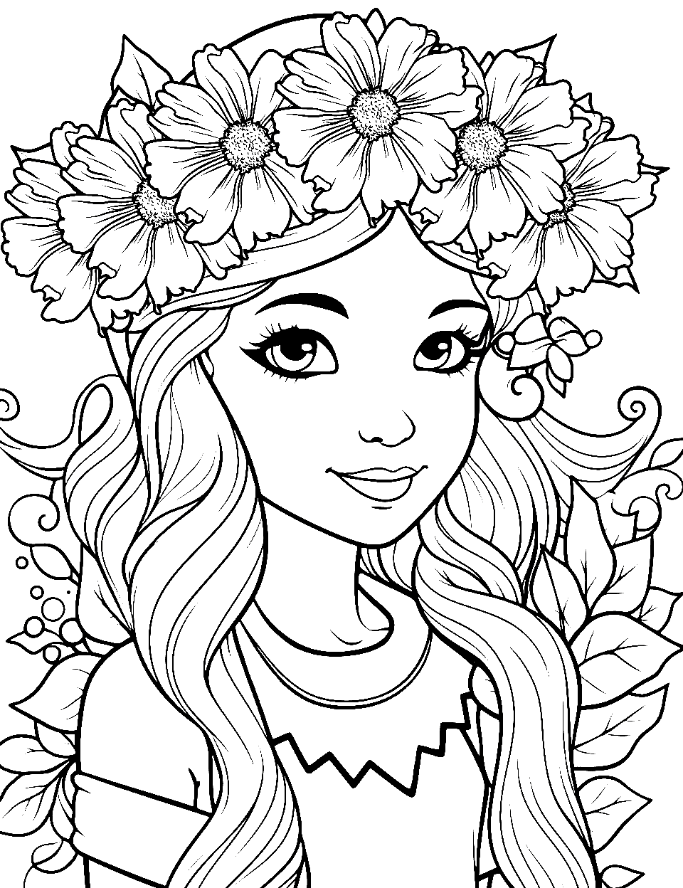 Elf Girl with Flower Crown Coloring Page - A beautiful elf girl adorned with a crown of wildflowers.