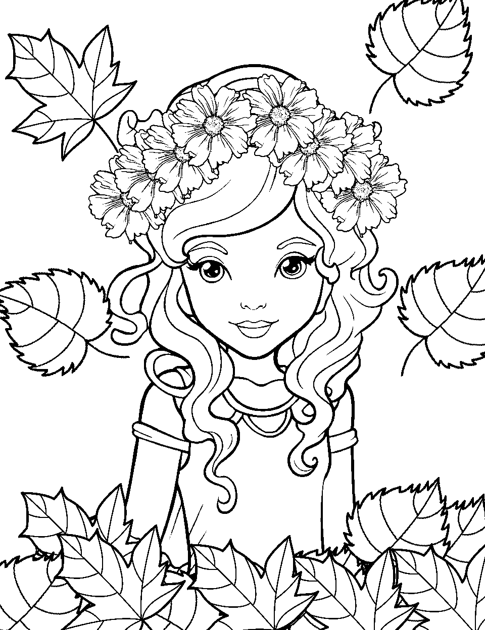 Autumn Elf with Falling Leaves Coloring Page - An elf surrounded by the colors of autumn leaves.