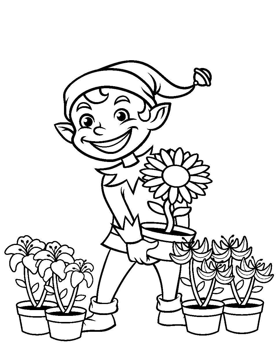 Elf Gardener Tending Plants Coloring Page - An elf caring for exotic, flowering plants.