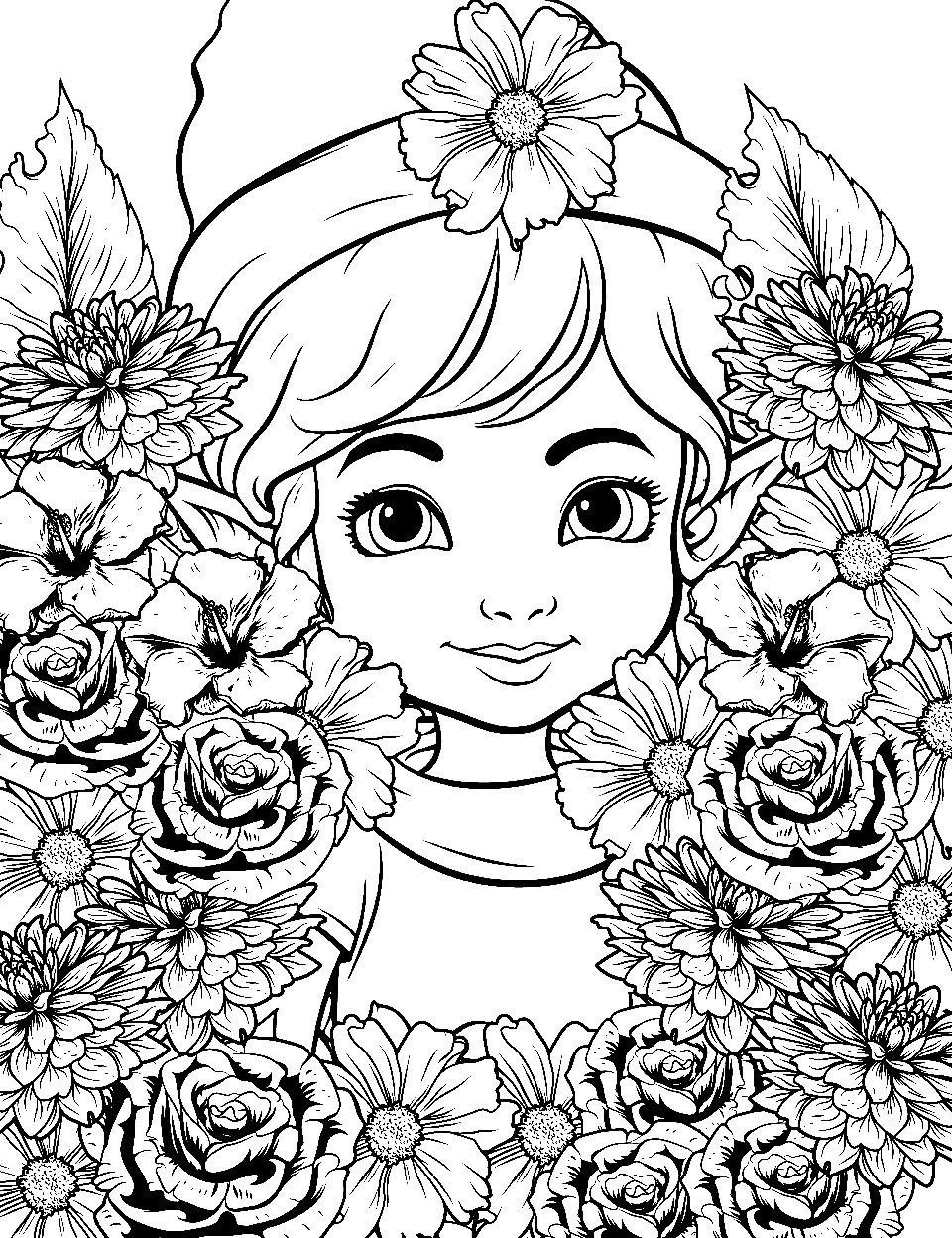 Spring Elf Coloring Page - An elf enjoying the beauty of blooming spring flowers.