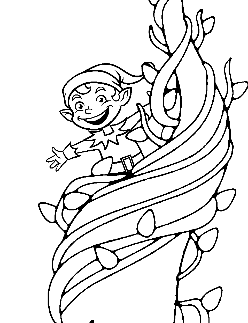 Elf Climbing a Giant Beanstalk Coloring Page - An adventurous elf climbing a towering beanstalk.