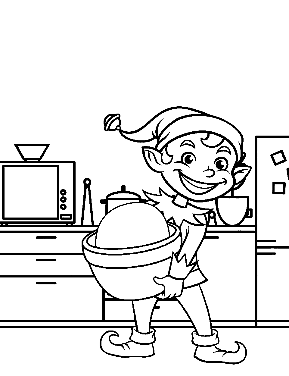 Elf Chef Cooking a Feast Coloring Page - An elf chef preparing a feast in a grand kitchen.