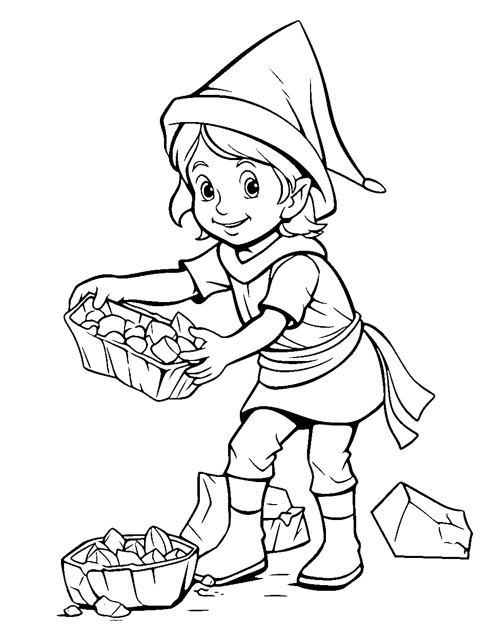 Elf Miner Extracting Crystals Coloring Page - An elf miner extracting crystals in a cave.