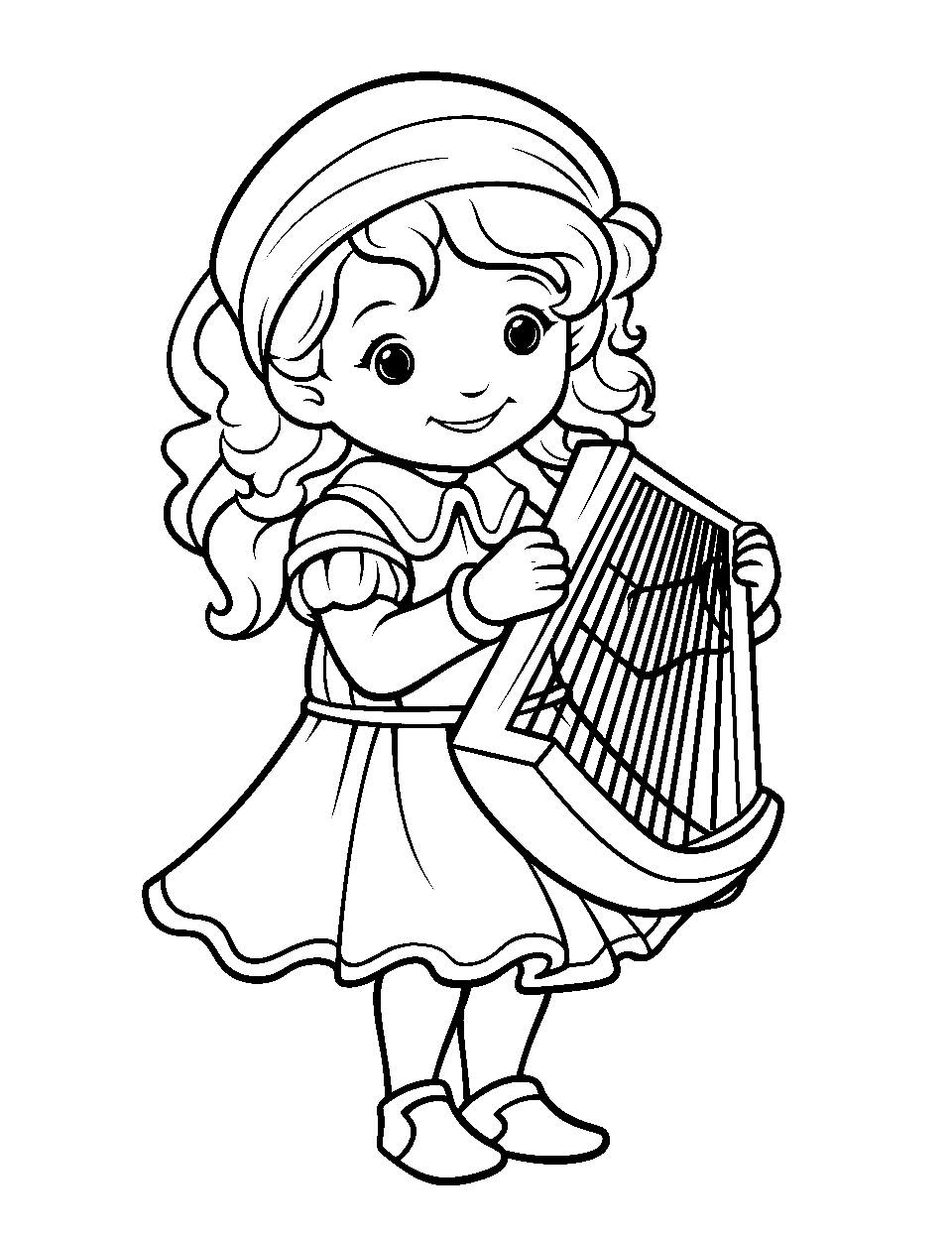 Elf Playing a Magical Lyre Coloring Page - An elf playing beautiful melodies on a lyre.