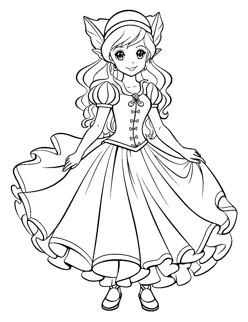 Anime-Style Elf Princess Coloring Page - A beautiful anime-inspired elf princess in a flowing gown.