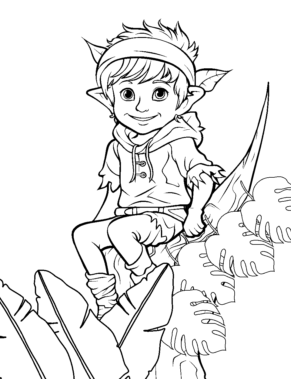Wood Elf on a Tree Branch Coloring Page - A wood elf sitting on a tree branch, surrounded by leaves.