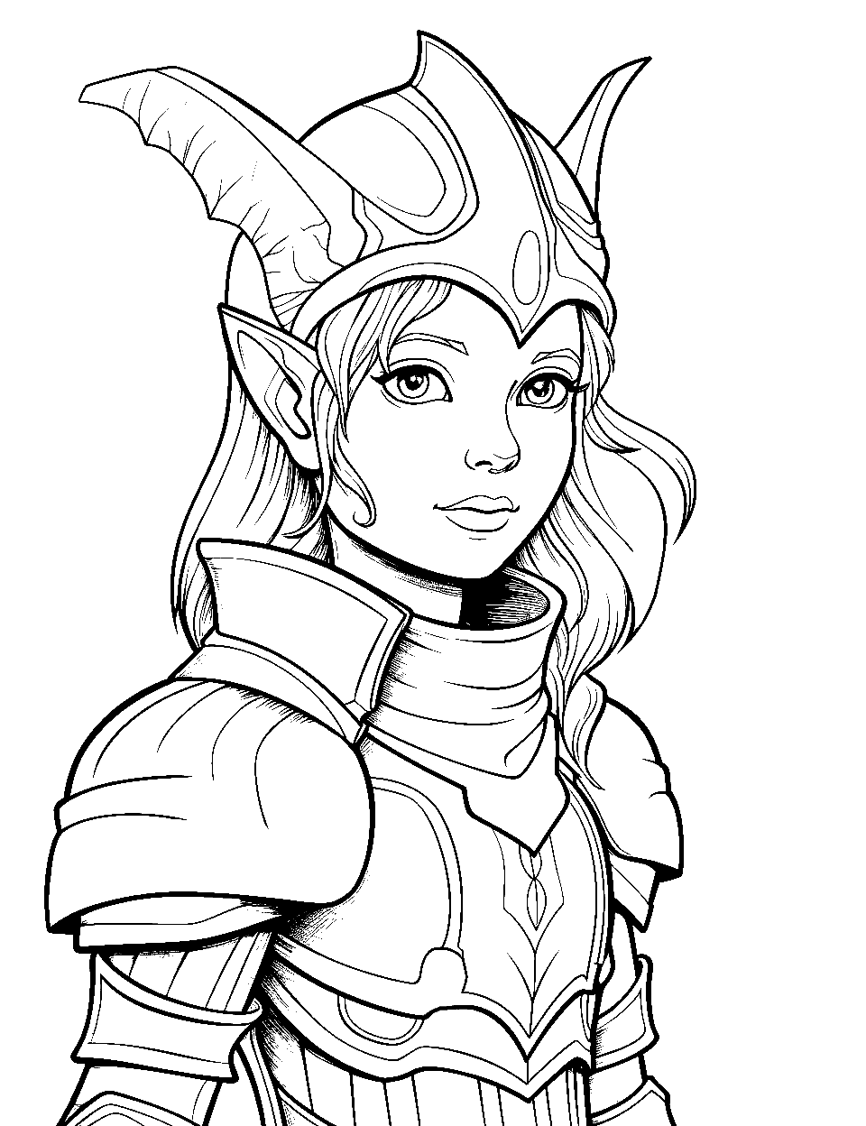 Realistic Elf Warrior in Armor Coloring Page - A detailed, realistic depiction of an elf warrior in battle armor.