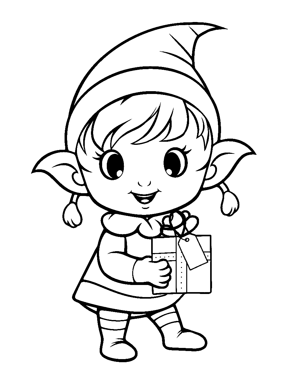 Cute Baby Elf With Gift Coloring Page - A baby elf holding a Christmas gift.
