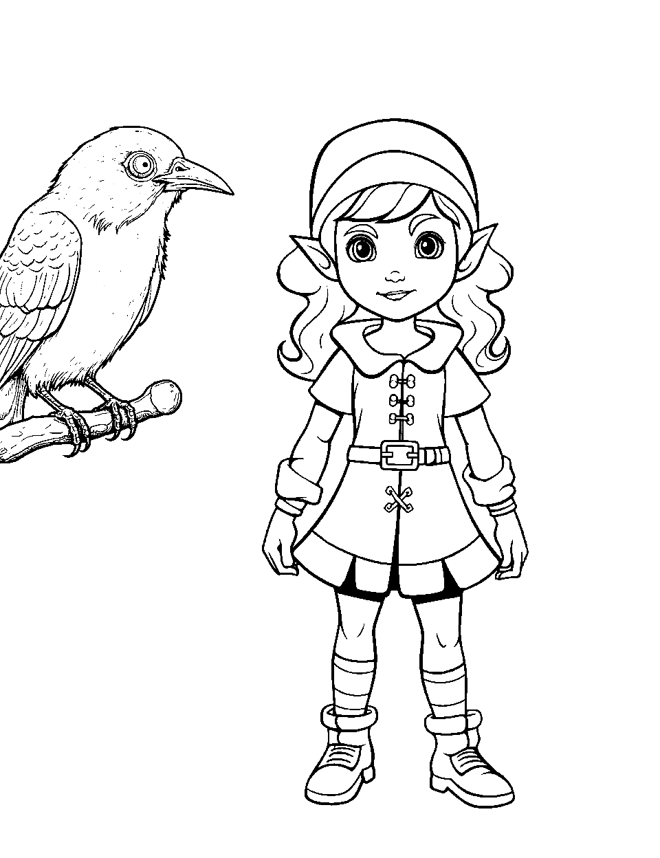 Gothic Elf with a Raven Coloring Page - A gothic-style elf standing beside a raven.