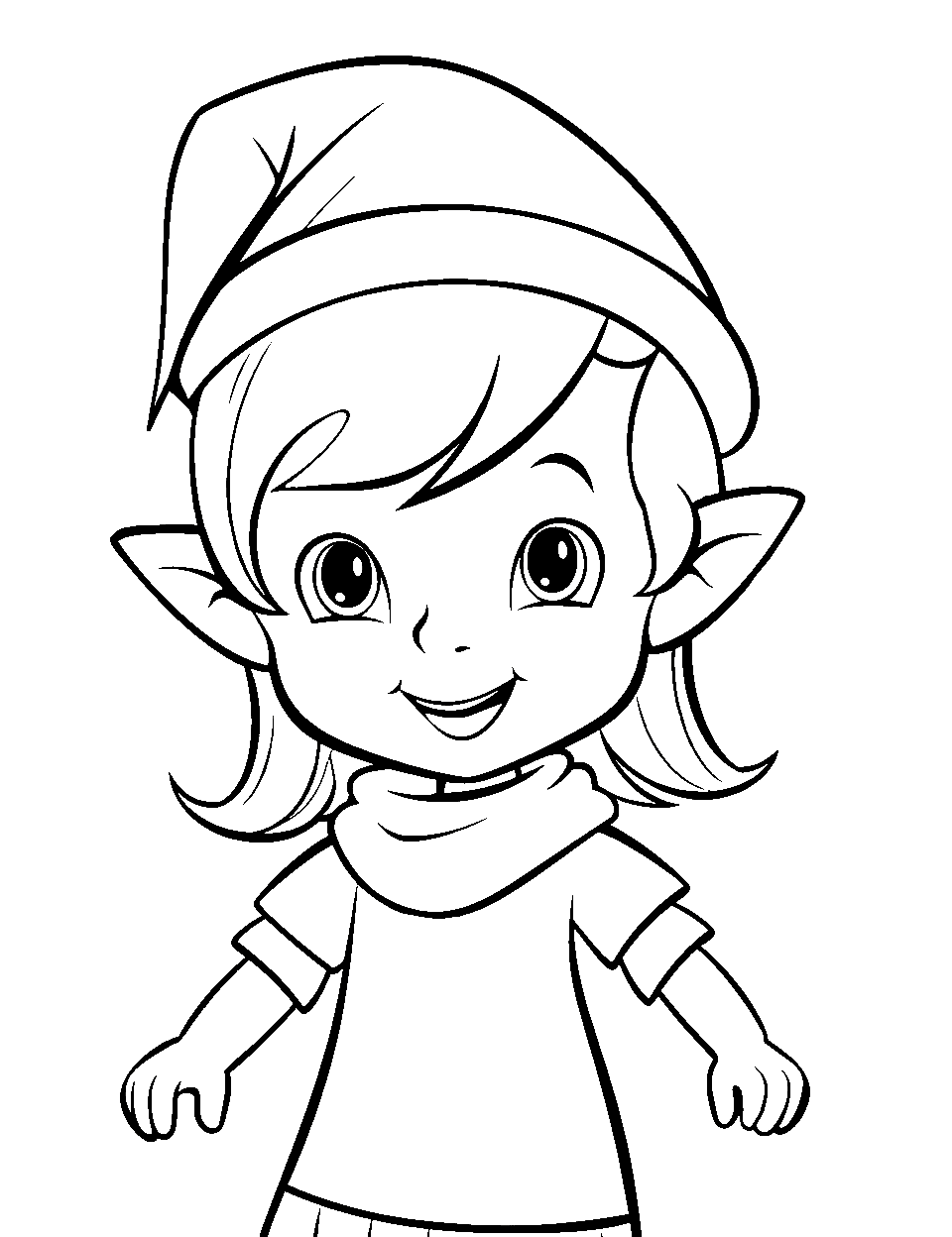 Simple Elf Portrait for Beginners Coloring Page - A simple, easy-to-color portrait of a smiling elf suitable for preschoolers.