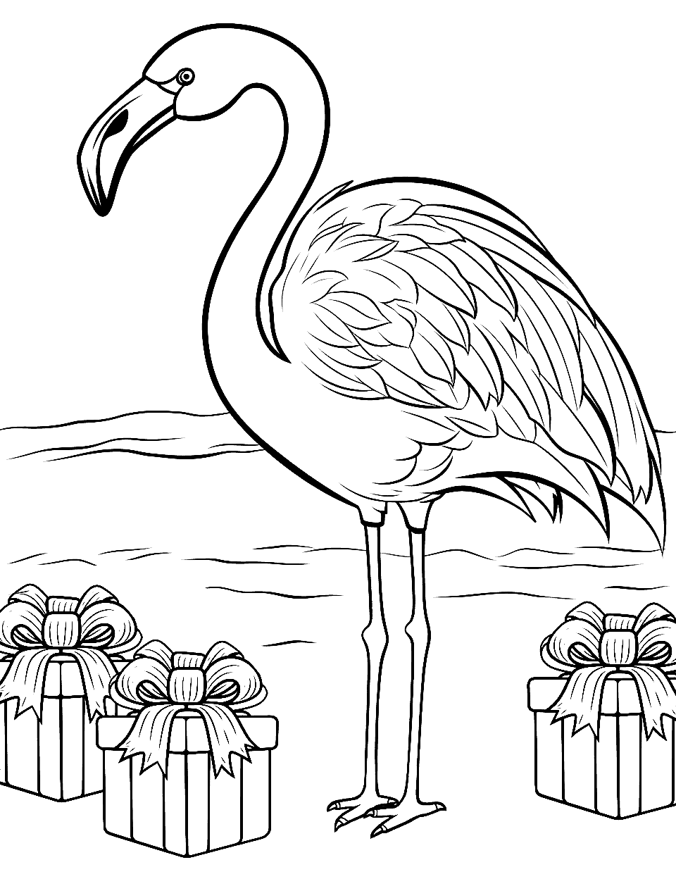 Christmas Flamingo with Gifts Coloring Page - A festive flamingo surrounded by Christmas gifts.