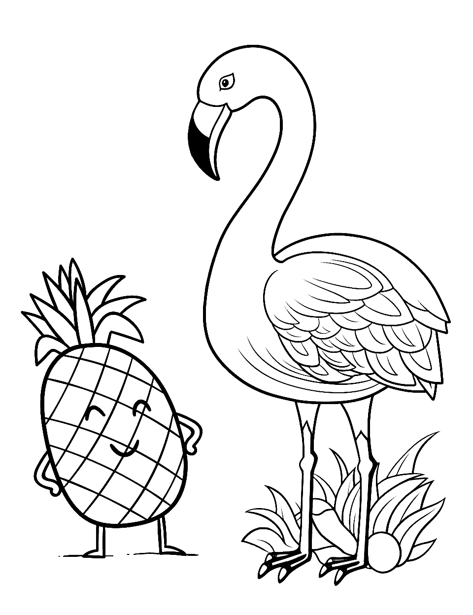 Flamingo and Pineapple Friends Coloring Page - A whimsical scene featuring a flamingo standing next to a standing pineapple.