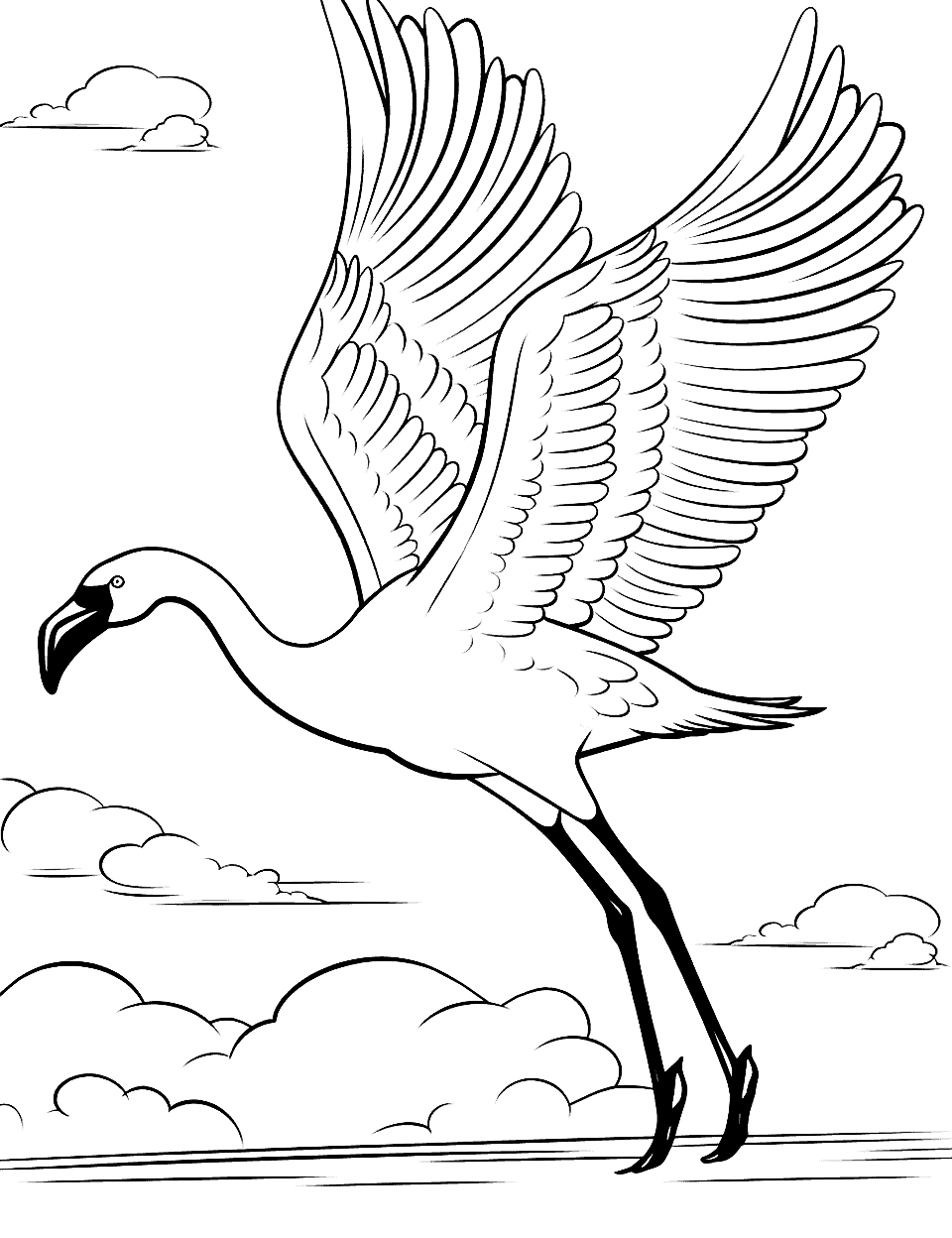 Flying Flamingo in the Sky Coloring Page - A majestic flamingo in mid-flight, with clouds in the background, showcasing the beauty of flight.