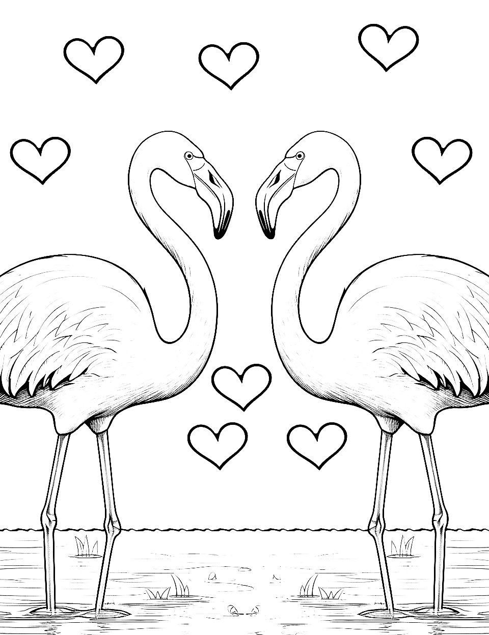 Valentine's Day Flamingo Scene Coloring Page - A scene with two flamingos surrounded by Valentine’s Day elements.