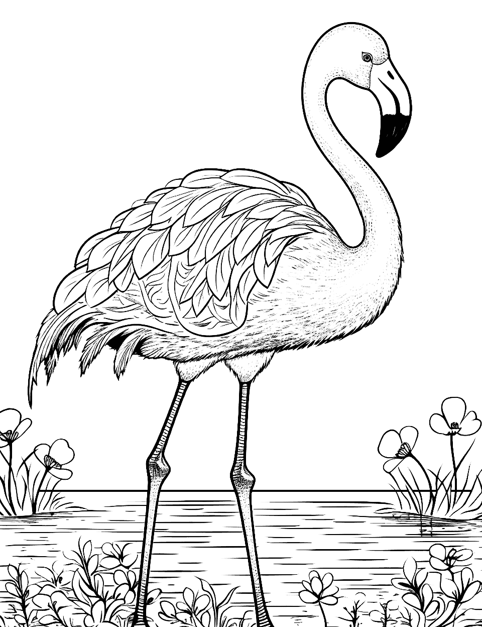 Small Detailed Flamingo On a Pond Coloring Page - A small detailed flamingo walking near the edge of a pond.