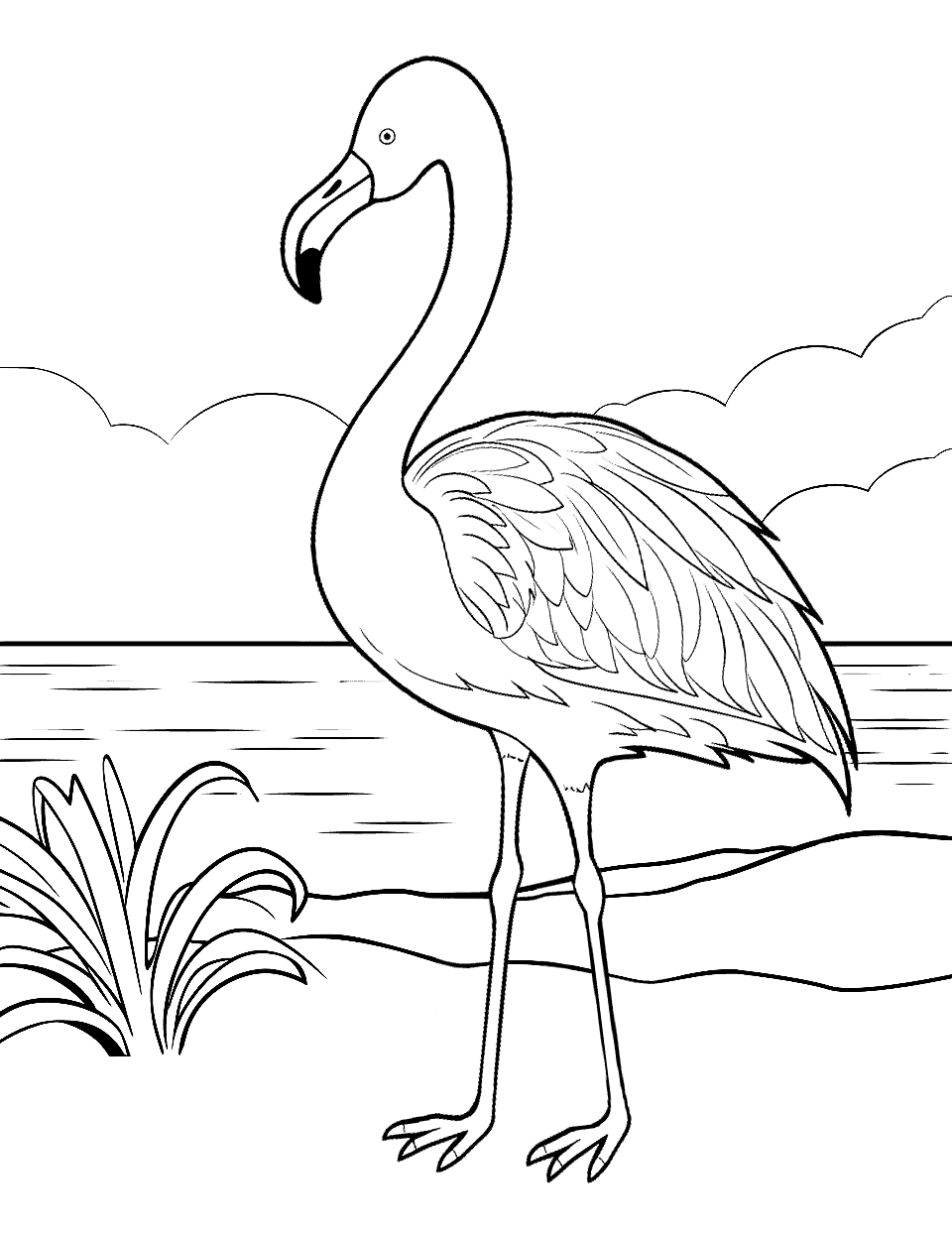 Beachside Flamingo Relaxation Coloring Page - A flamingo chilling by the beach.